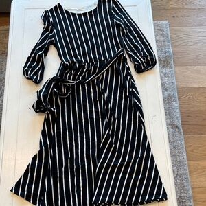 Reborn Black and White Striped Midi Dress with Belt